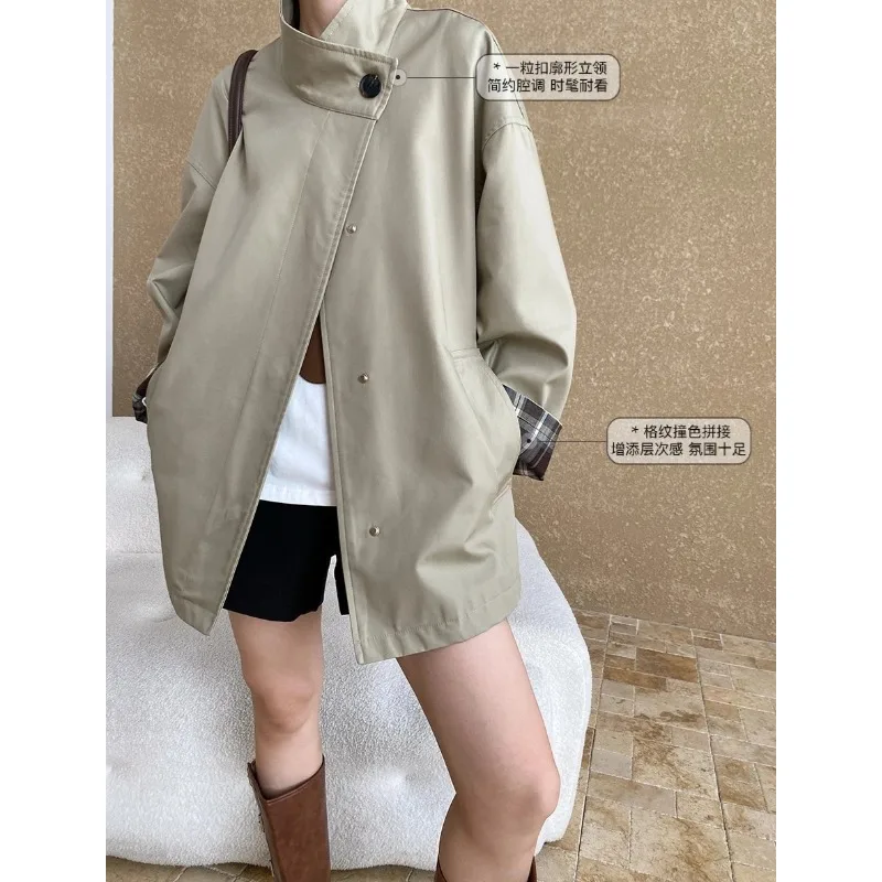 معاطف واقٍ من المطر سترات منقوشة للنساء لجيب مقسم اللون وياقة واقفة وأكمام طويلة واحدة الصدر فضفاضة تناسب خريف 2025 #3