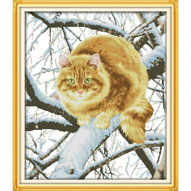 

Joy Sunday New Stamped Cross Stitch Ki,11CT/14CT/16CTDIY Easy Pattern Aida Fabric Embroidery Set-The Fat Cat on The Tree