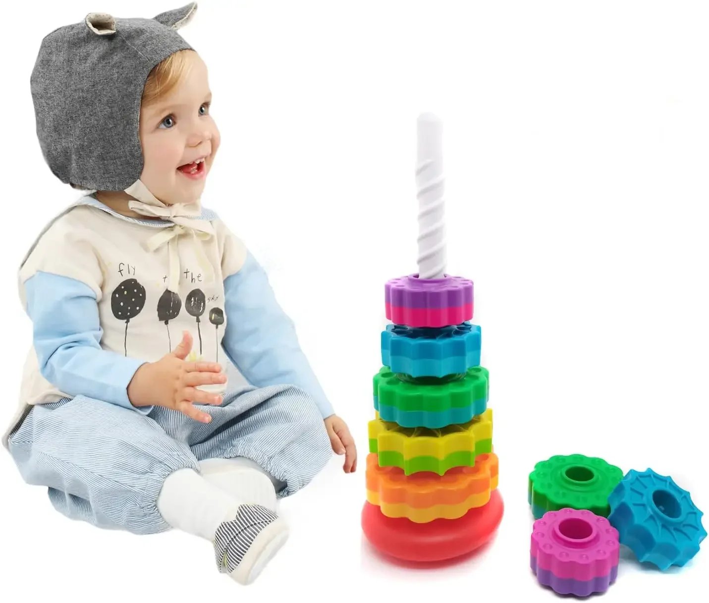 Montessori Rotating Rainbow Tower Baby Stacking Puzzle Toys Safety and Environmental Protection Colored Children\'s Toys Boy Girl