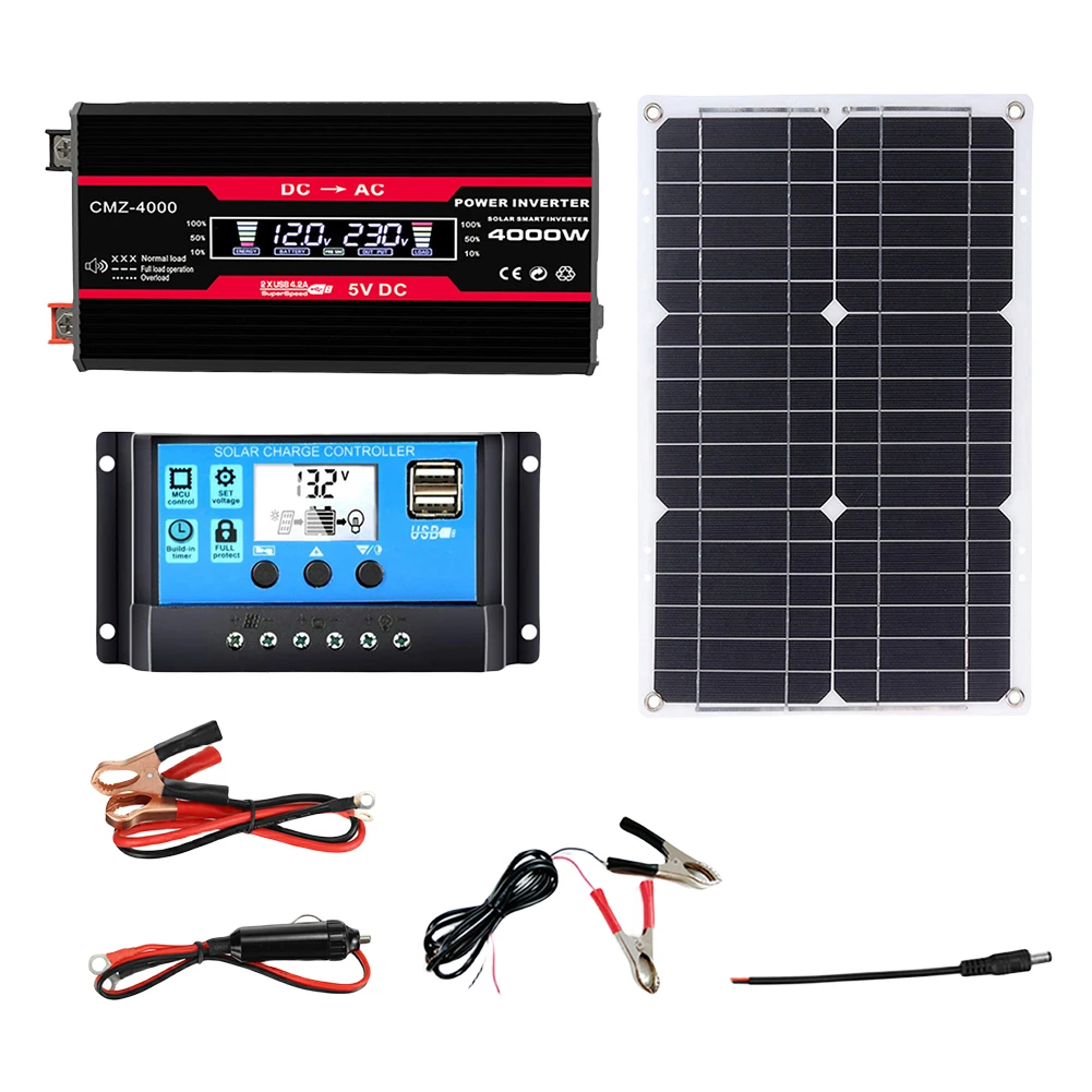 110/220V Solar Power System 18W Solar Panel Battery Charge 30A Controller 4000W 12V 220V Inverter Complete Power Generation Kit