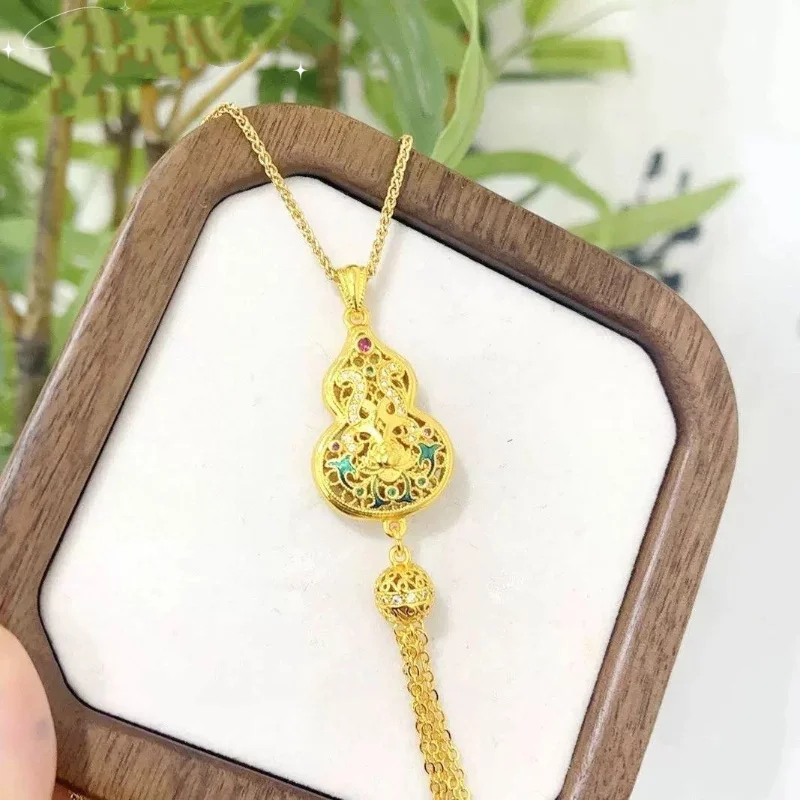 

18K gold gourd tassel pendant Au750 non demolded hollow flower gourd necklace sweater chain women's boutique jewelry gift D0188