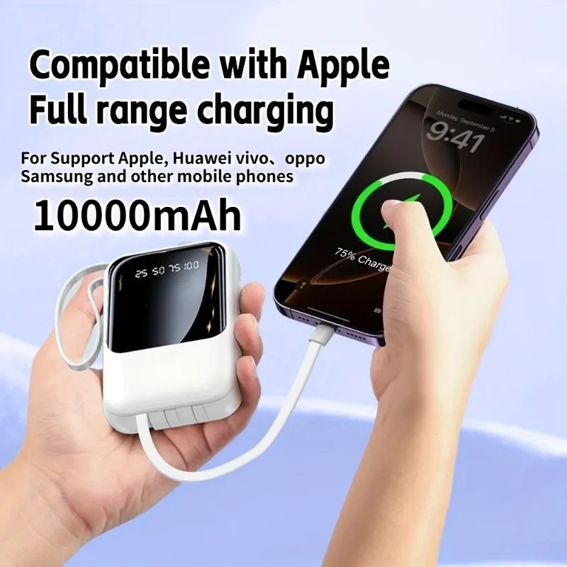 

Портативный аккумулятор на шнурке емкостью 10000 мАч с большой емкостью и быстрой зарядкой. Встроенные 4 кабеля для зарядки, светодиодный экран дисплея