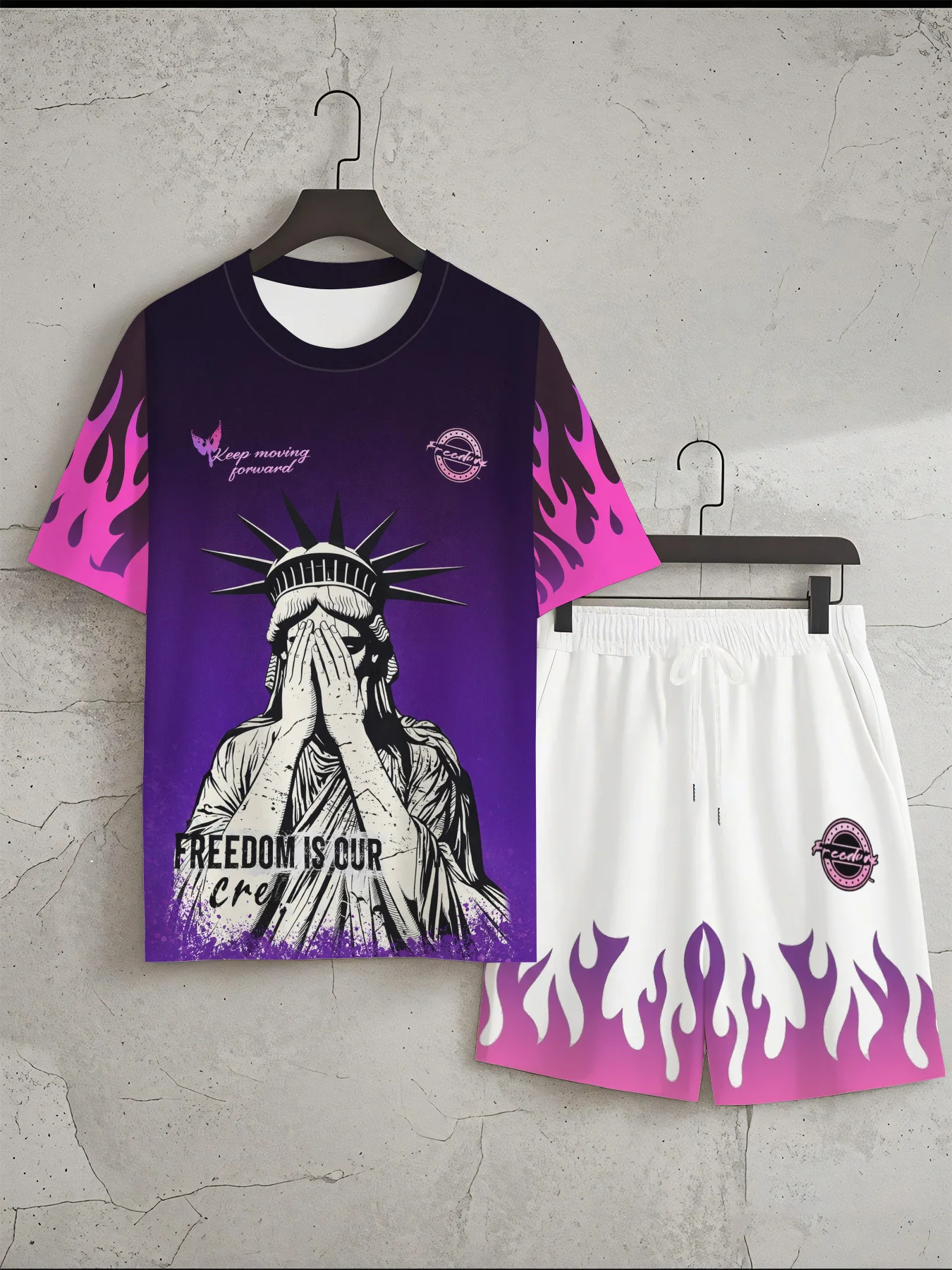 New men's summer Gothic Statue of Liberty print soft and breathable round neck T-shirt drawstring shorts set outdoor streetwear view 3