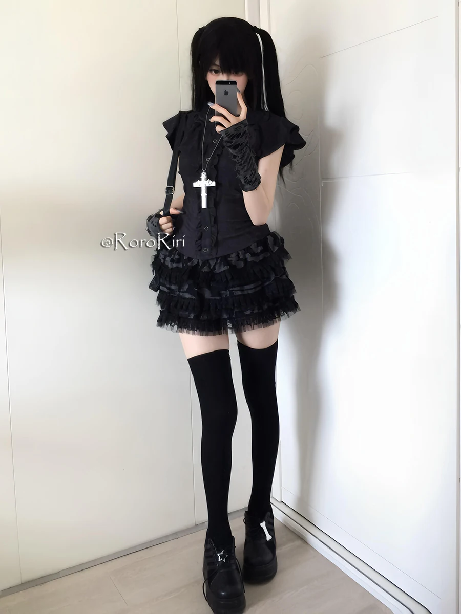 RORORIRI Women Irregular Frayed Lace Trim Puffy Mini Skirt Black Liner Elastic Waist Tiered Ruffle Cake Skirt Goth Retro Clothes