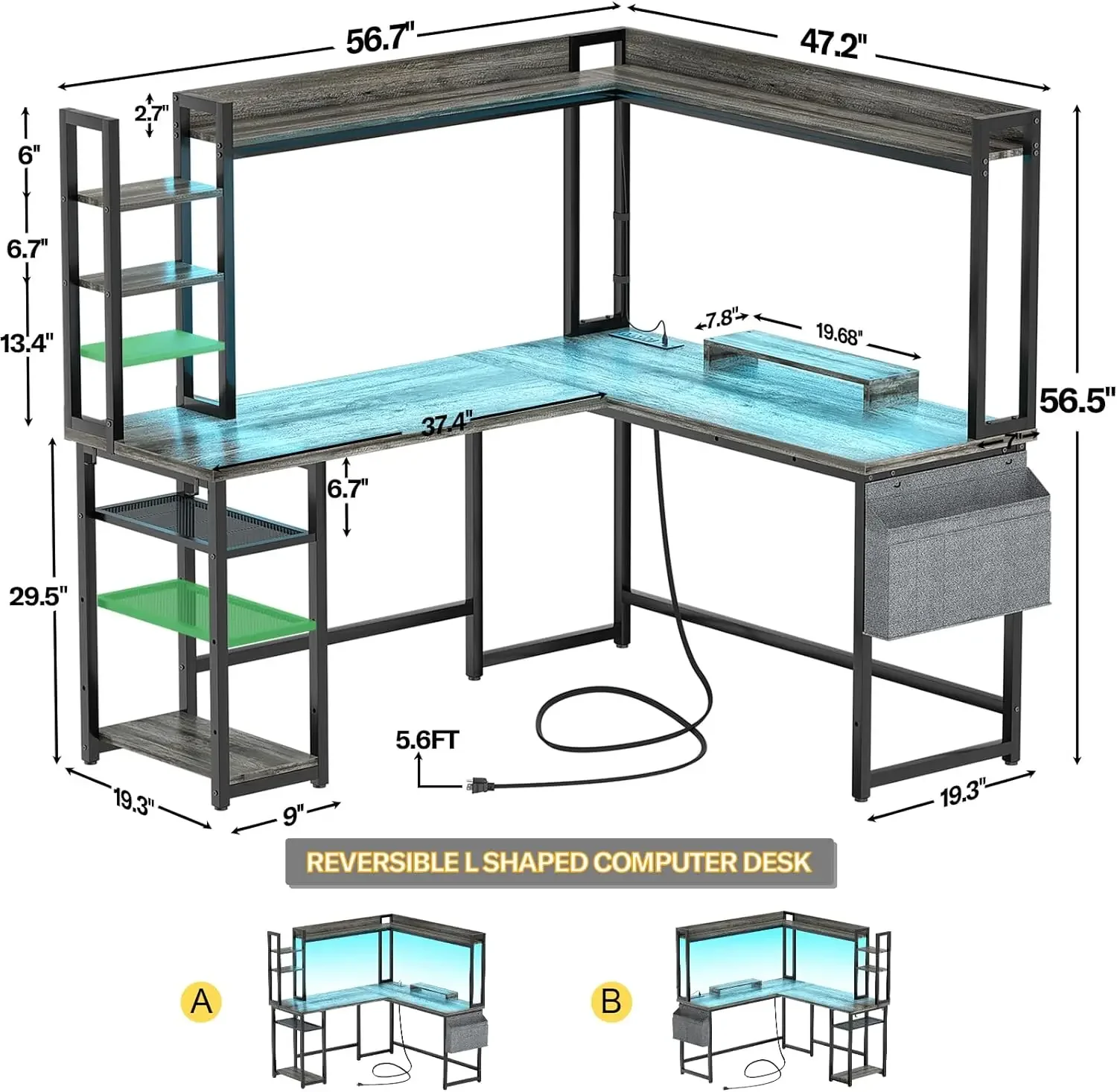 Aheaplus L Shaped Desk with Power Outlet, L Shaped Gaming Desk with Led Light & Hutch, Reversible Home Office Desk