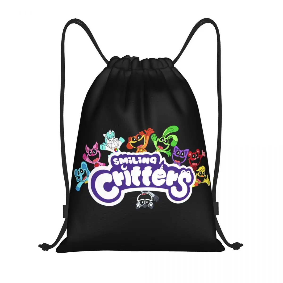 Custom Colorful Smiling Big Mouth Critters Group Drawstring Bags for Shopping Yoga Backpacks Scarry Animated Game Sports Gym