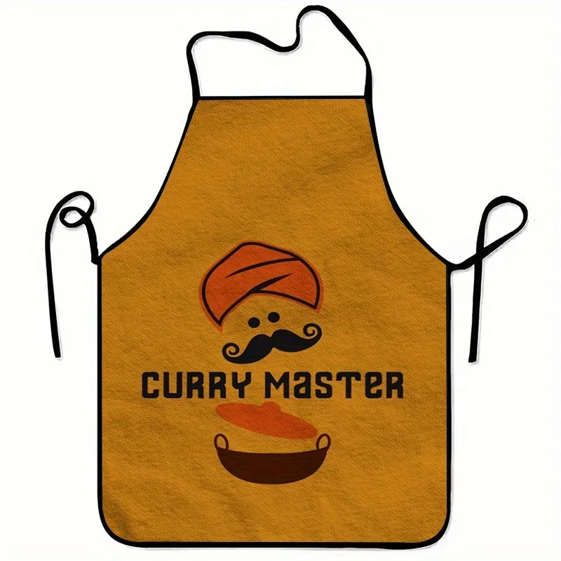 1pc Curry Master Indian Chef Apron Yellow with Black Text & Beard Design, Adjustable Straps Pockets for Cooking, BBQ, Kitchen