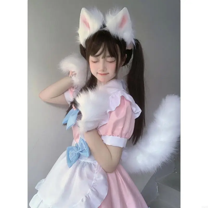 H58E Animal Costume Cat-Ears Headband Tail Tail Plush Paw Gloves