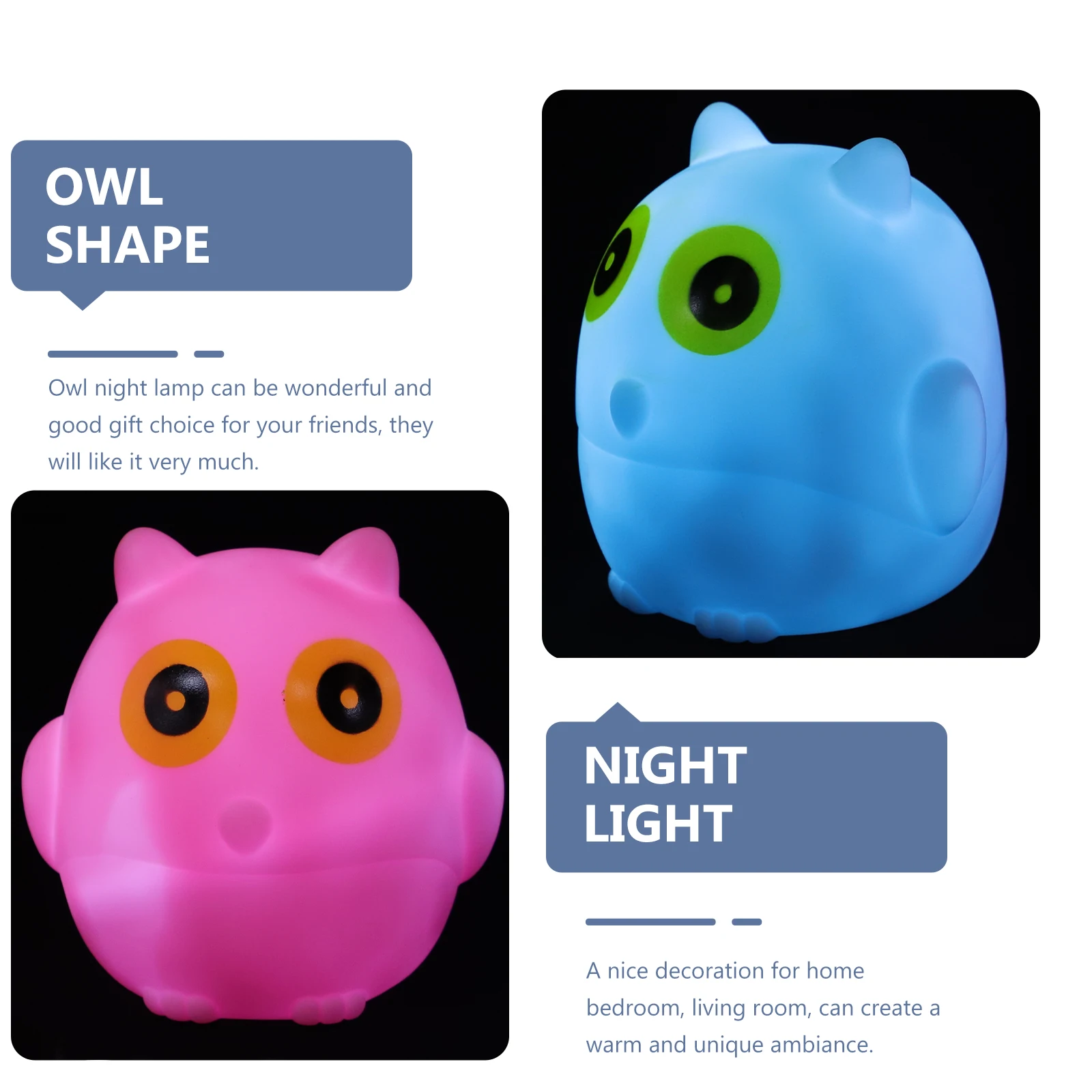 

2 Pcs Owl Night Light Small Bedside Lamp Blue Pink Glowing Decorative Kids Sleep Sensor Powered by Safe Material