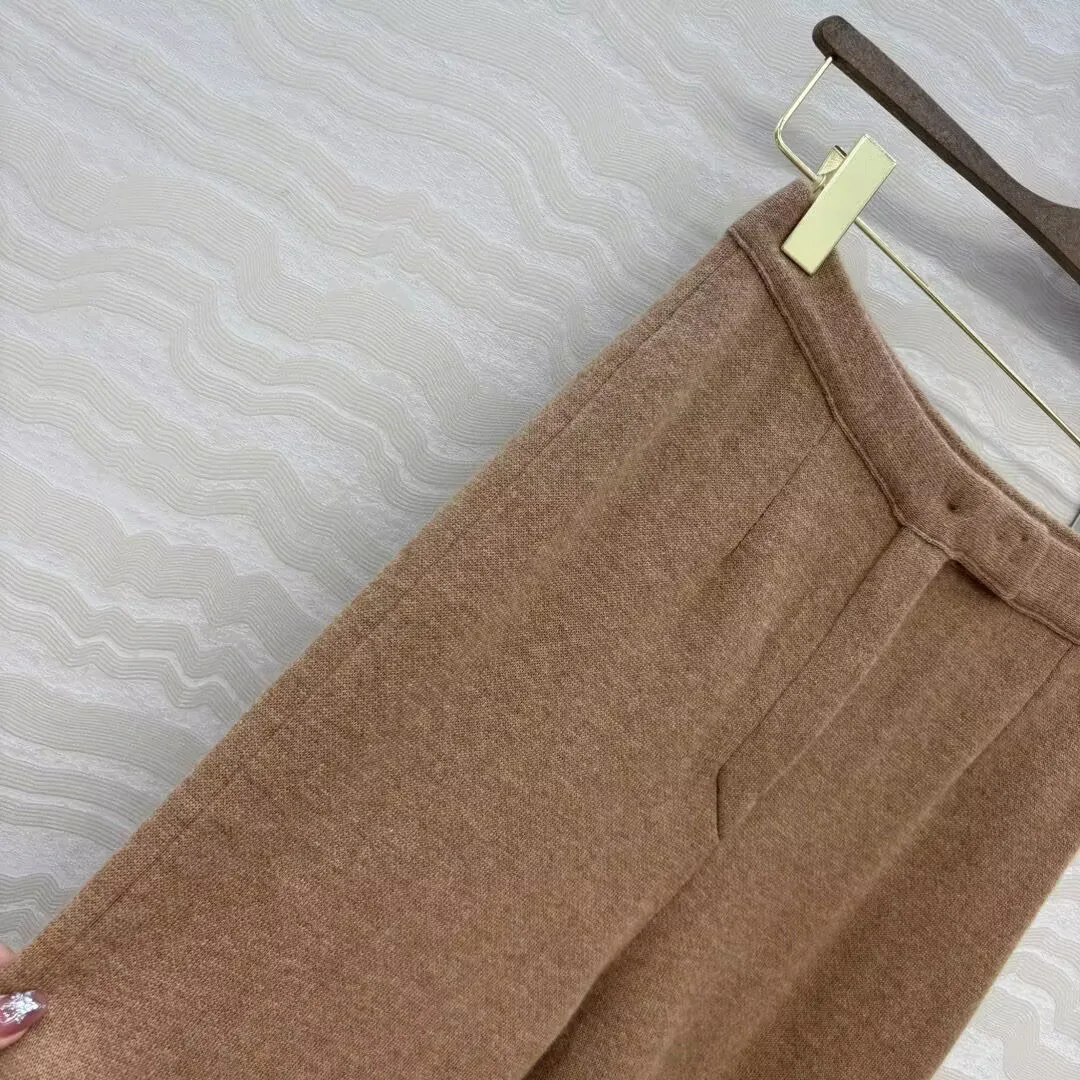 Old Money Style Autumn Winter Loose Knitted Cashmere Wide Leg Pants Women Elastic High Waist Solid Color Casual Trousers