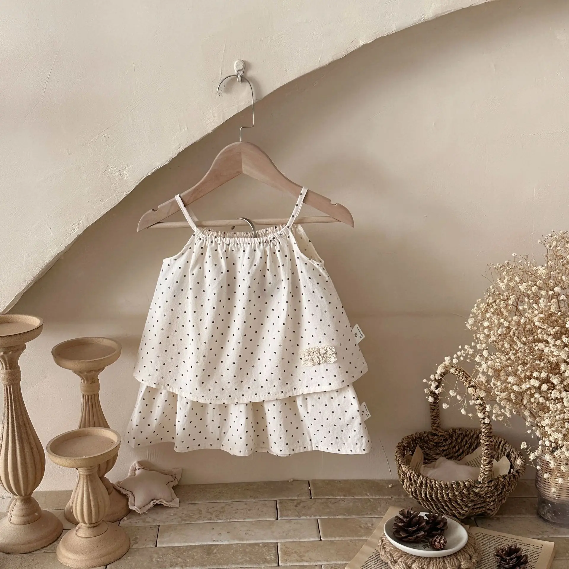 2026年夏新作ベビーガールキュートドット柄スリングベスト-スカート2点セット幼児女児ノースリーブツーピースセットコットン幼児服