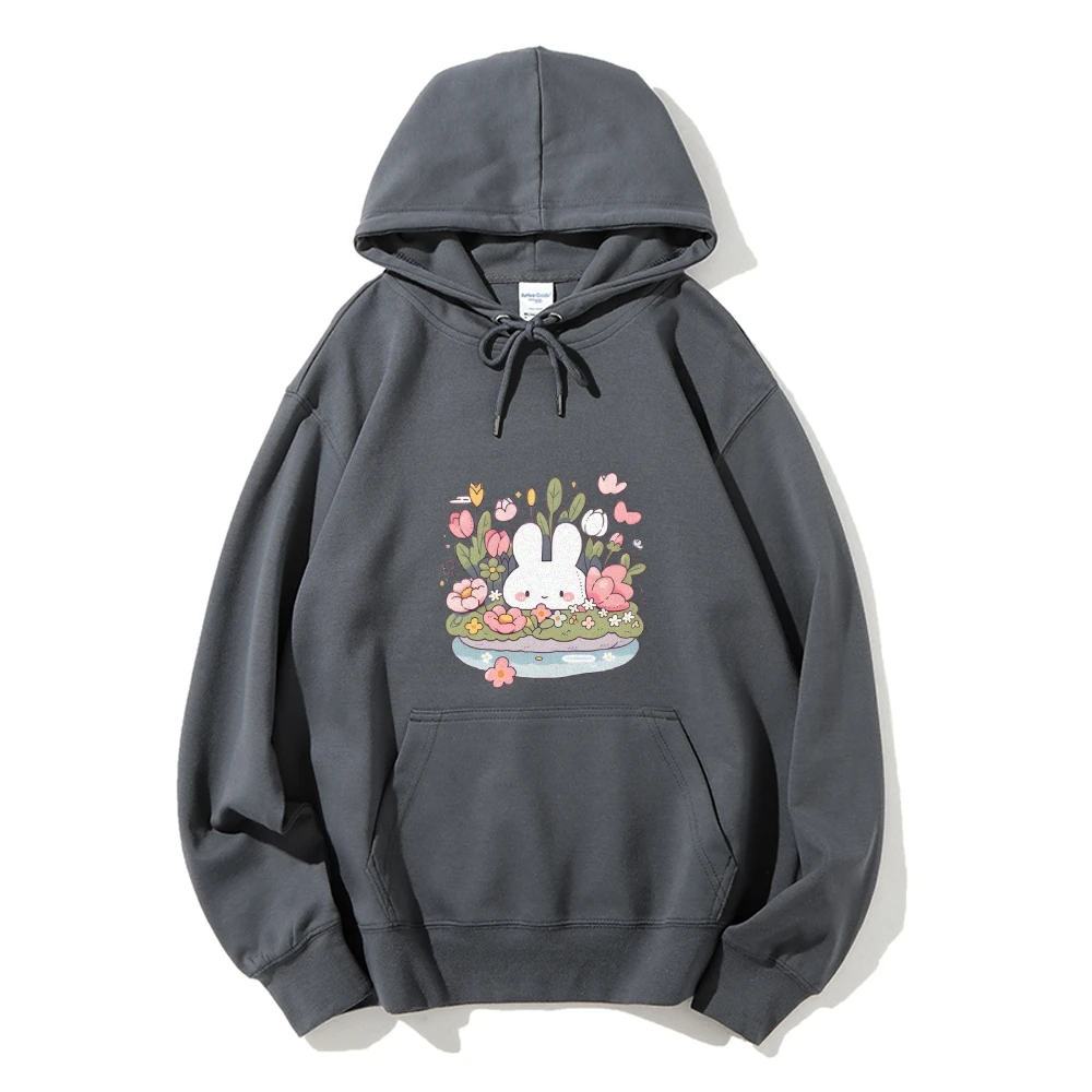 Graphic Hoodie Cute Bunny in Floral Basket Print Sweet Innocent Y2k Design Style Soft Fabric for Lovable Casual Looks