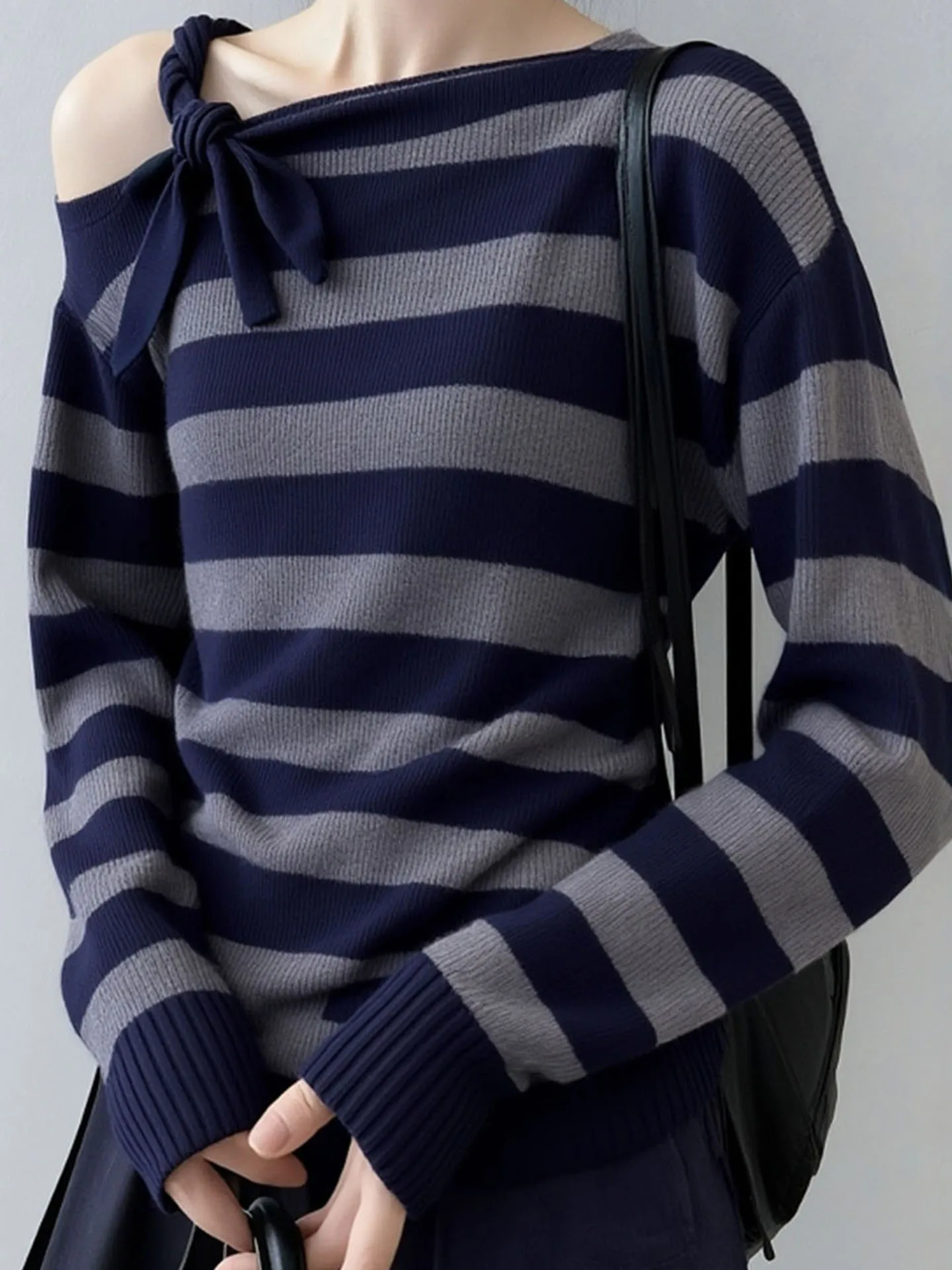 oulder Bared Striped Knitwear Thi Long Sve Lazy Sle High End Feeling Autumn Winter Women's Sweater Korean Loose Fit
