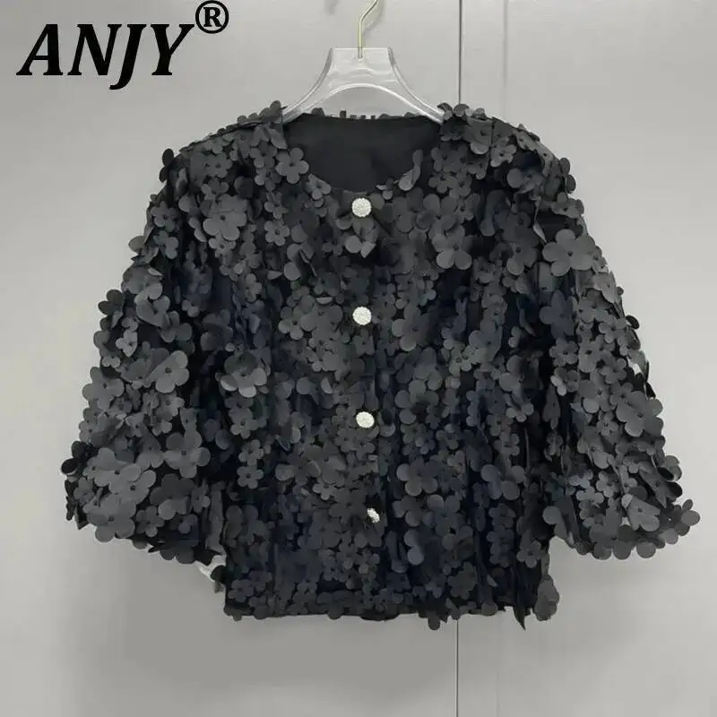 

ANJY Spring Autumn New Women French Style Heavy Three-Dimensional Floral Patchwork Long Sleeve Shirt Trendy Casual Blouse A23730