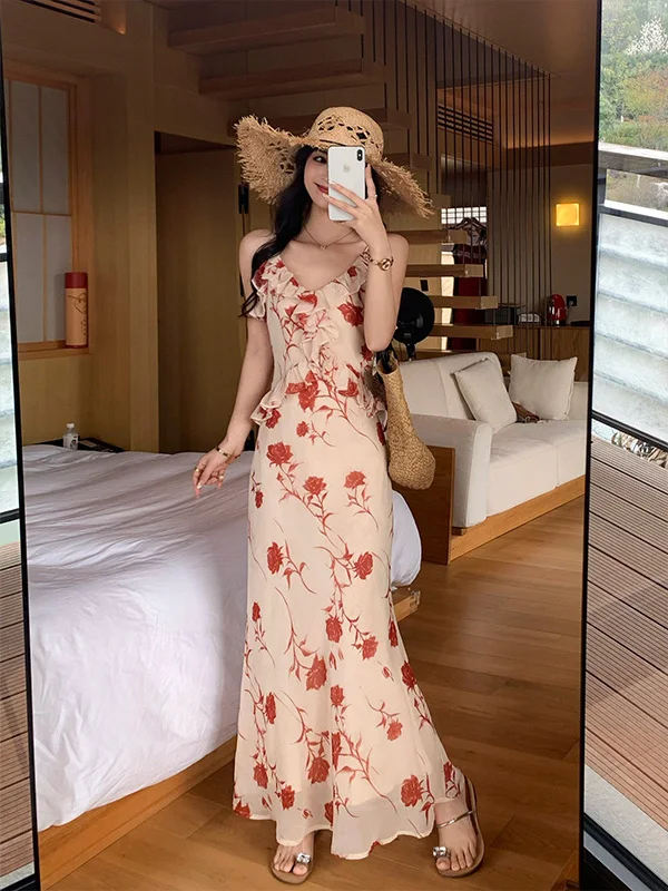 

Летнее шифоновое платье Linyner с V-образным вырезом, цветочным принтом и расклешенным подолом, повседневное, макси, из полиэстера, цельное