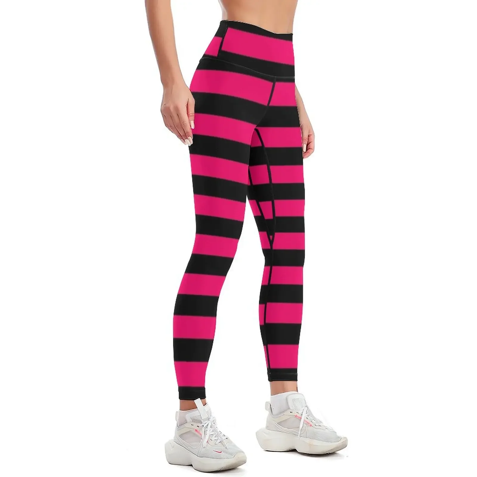 Bright Fluorescent Hot Pink Neon and Black Horizontal Stripes Leggings gym wear Women's fitness Womens Leggings