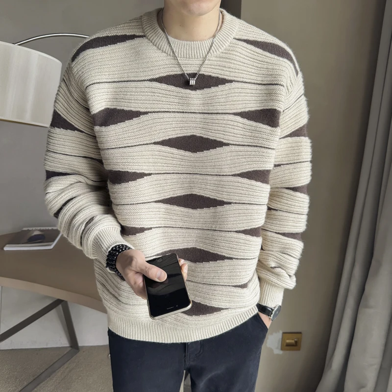 

Men's Fall and Winter Crew Neck Pullover Men's Color Contrast Loose Casual Sweater Men's Crew Neck Knit Sweater Pullover