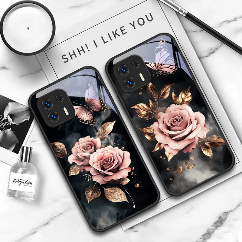 Butterfly Love Pink Rose For Motorola Moto G14 24 34 35 45 54 55 75 84 85 Stylus Edge 30 40 Neo 50 Ultra Play glass phone case view 5