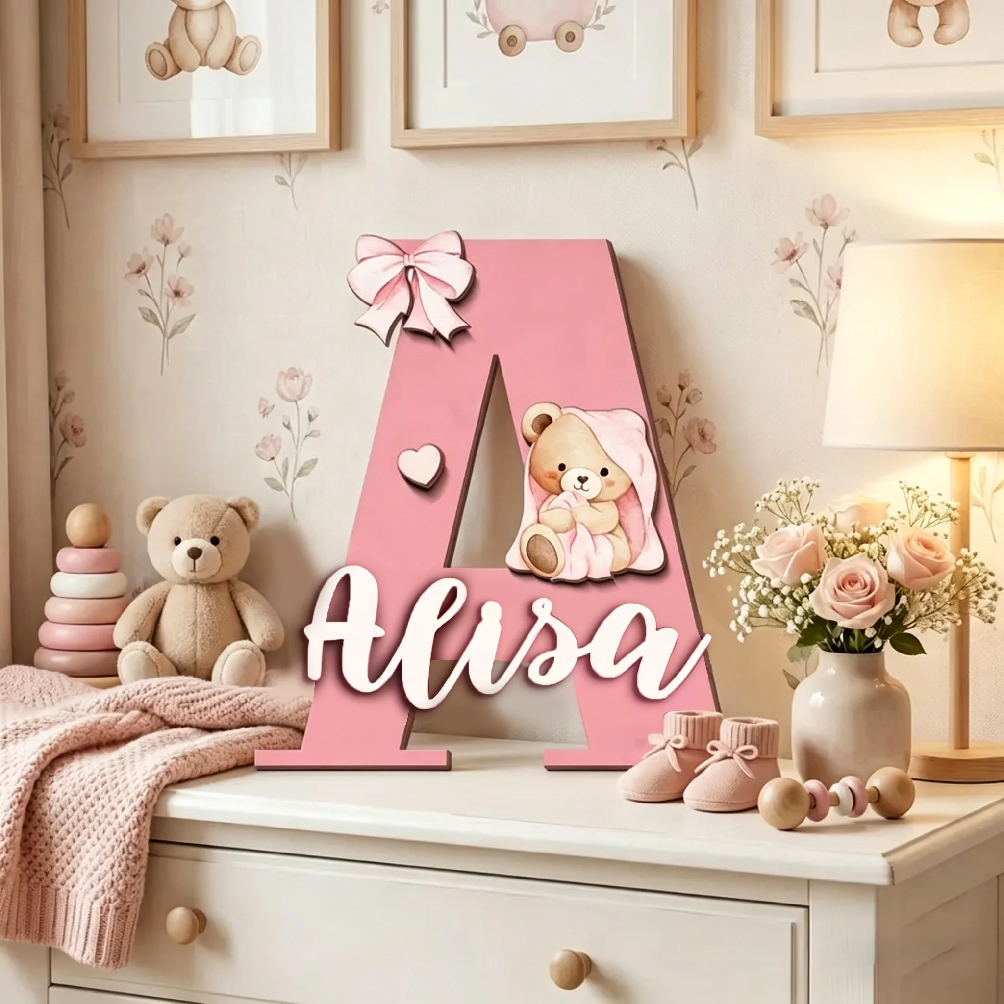 1Pc CustomTeddy Bear & Bow Decor Name Wooden Name Plaque,Home Room Office Wall Door Decor,DIY Paintable,Birthday Wedding Gift