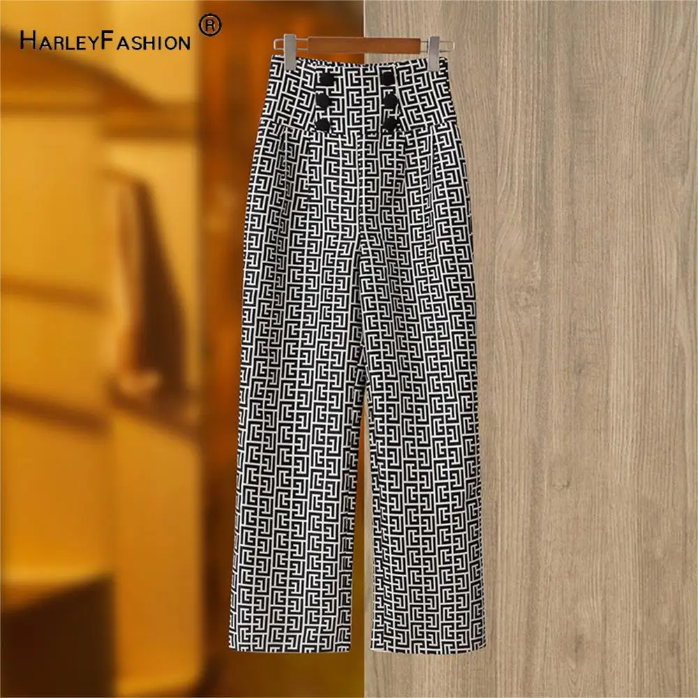 

Europea Style Designed Geometric Patten Lady Office Casual Wear Double-breasted Trousers Women Straight Cutting Work Pants