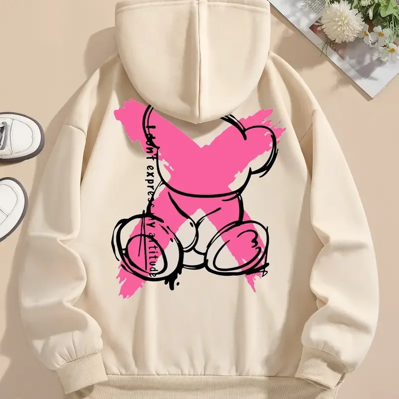 

2024 Fashion Women's Hoodie Printed Cute Bear Pattern Oversized Women's Loose Top Y2k Style Autumn Winter Pure Cotton Hoodie