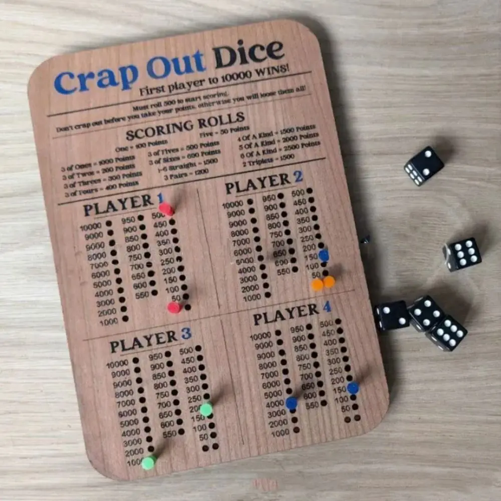 Funny Crap Out Dice Score Board Classic Family Game Square Wooden Farkle Dice Tray Round Score Pad Dice Board Game