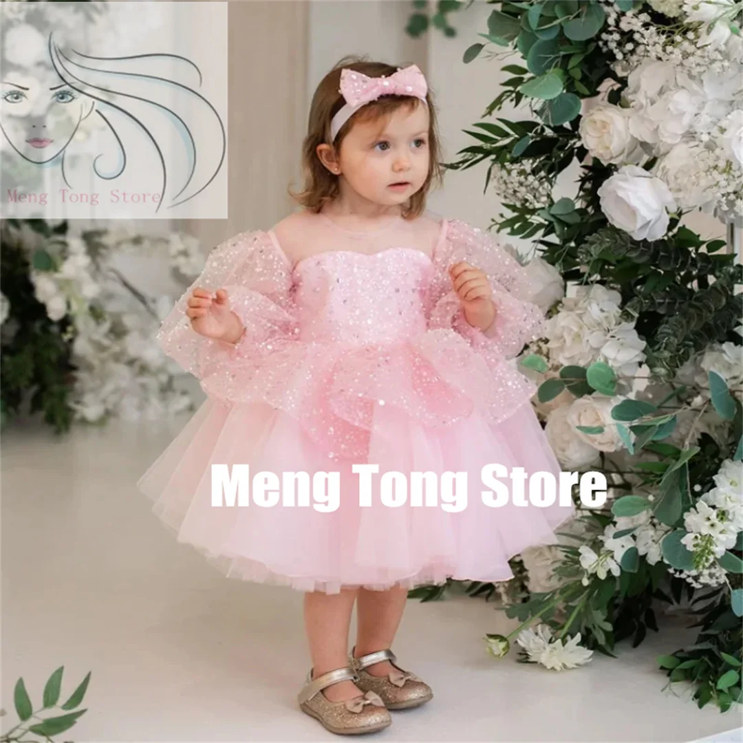 Personalização rosa tule applique vestido da menina de flor para o casamento o-pescoço lantejoulas inchado crianças primeiro aniversário