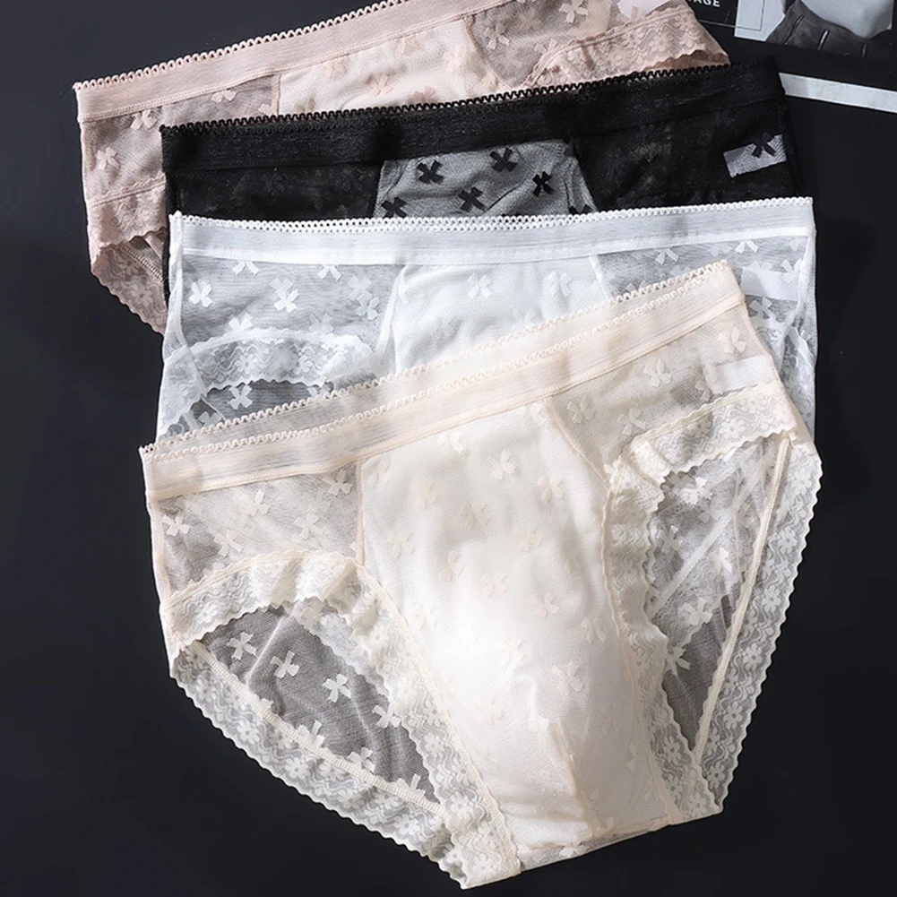 Men Sexy Lace Ultra Thin Very Hot Lingerie Ice Silk Briefs Gay Underwear See Through Breathable Solid Underpants Men's Clothing