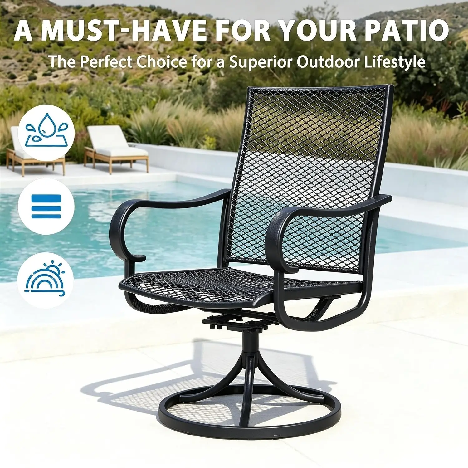 Metal Swivel Rocker Chair Set of 2, All-Weather Outdoor Dining Chair with High Back for Patio Lawn Garden, Customized