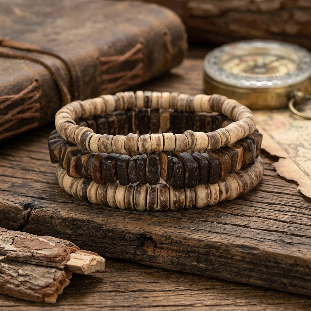Vintage 3Pcs/Set Wooden Beads Bracelet Unisex 3 Colors Coconut Shell Strand Beaded Braslet Casual Yoga Homme Versatile Jewelry