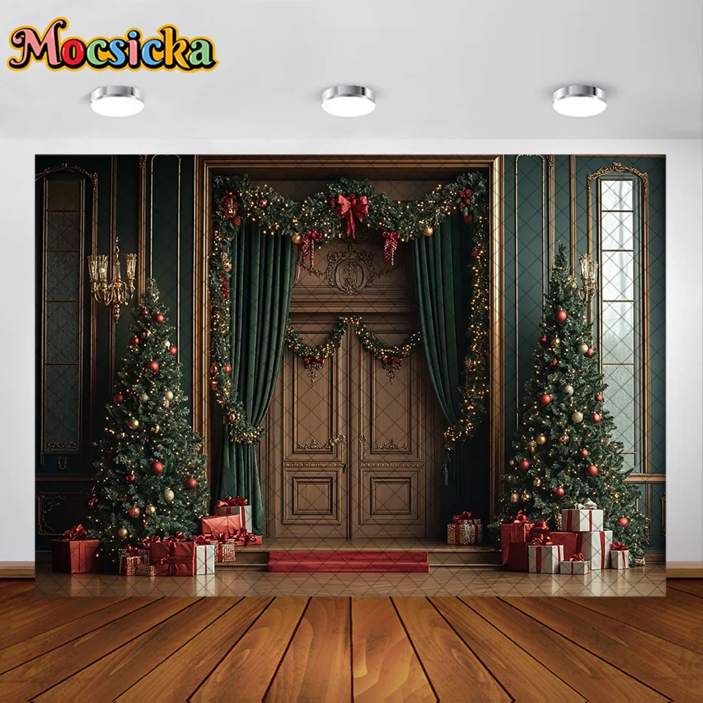 Mocsicka التصوير خلفية عيد الميلاد باب غرفة شجرة الديكور الأسرة عيد الميلاد عطلة صورة خلفيات الصور للصور