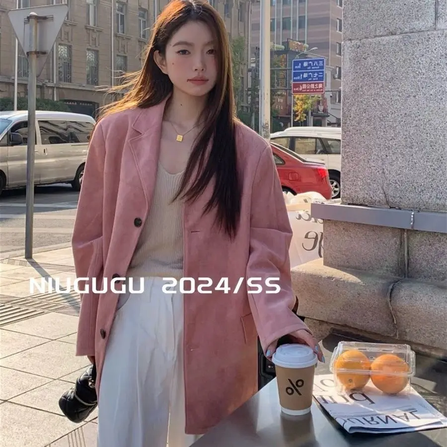 

Высококачественный элегантный розовый пиджак с красной фасолью для женщин, новый весенний свободный повседневный пригородный пиджак средней длины, женская одежда