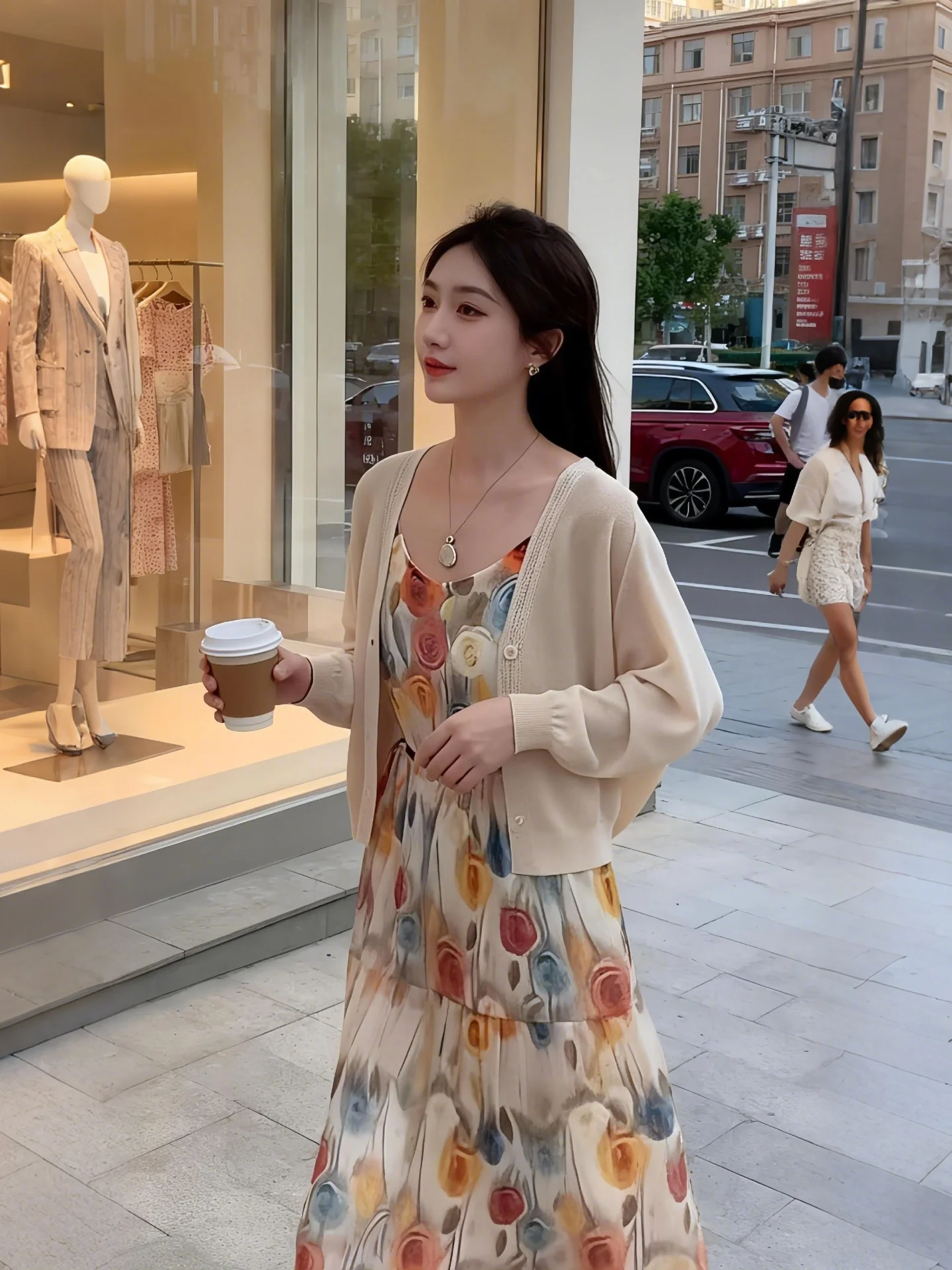 

2026 Summer Fashionable Women's Floral Print Sundress Set with Strap Long Sleeve Sun Protection Two-Piece Suit for Work