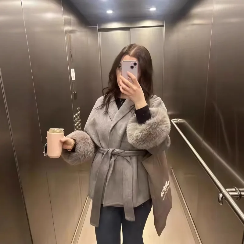 

2025 NEW High End Double-sided Wool Strap Wool Fur Coat Women's Removable Cuffs Fox Fur Temperament Cashmere Short Jacket