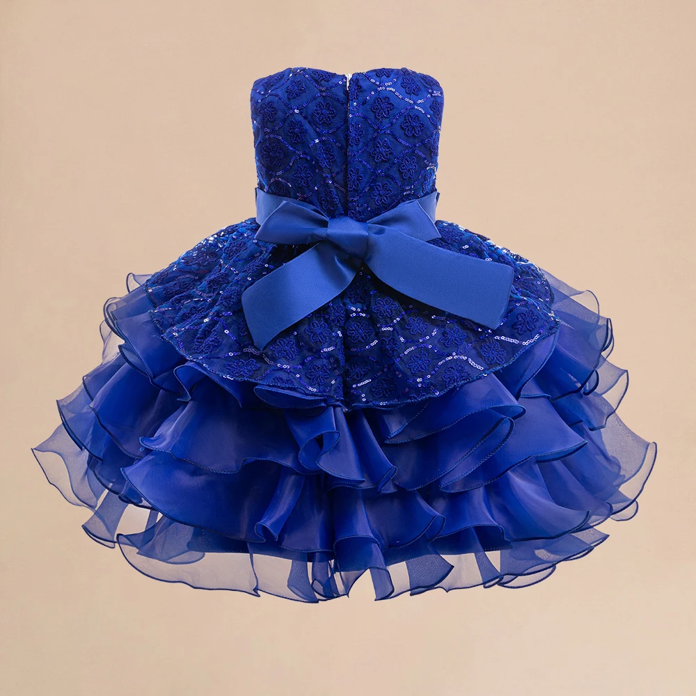 Girls Blue Beading Party Dress Girl Pleated Dresses Kids Formal Evening Tulle Clothes Bow Sleeveless Costumes Children Tutu Wear