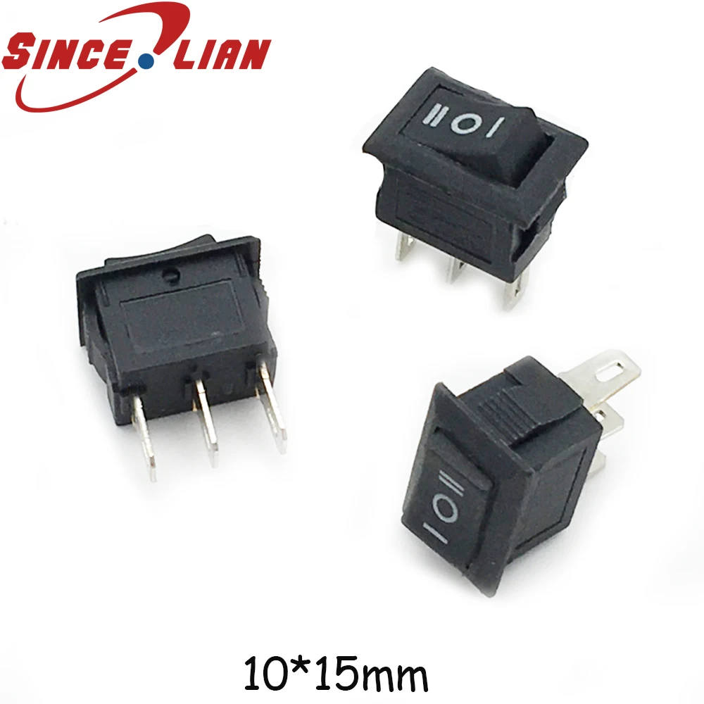 500PCS 3 Pin 3A 250V 10*15mm Black Button Rocker Switch ON OFF ON AC 10X15 Mini Rocker Power Switches Socket Adapter Switch