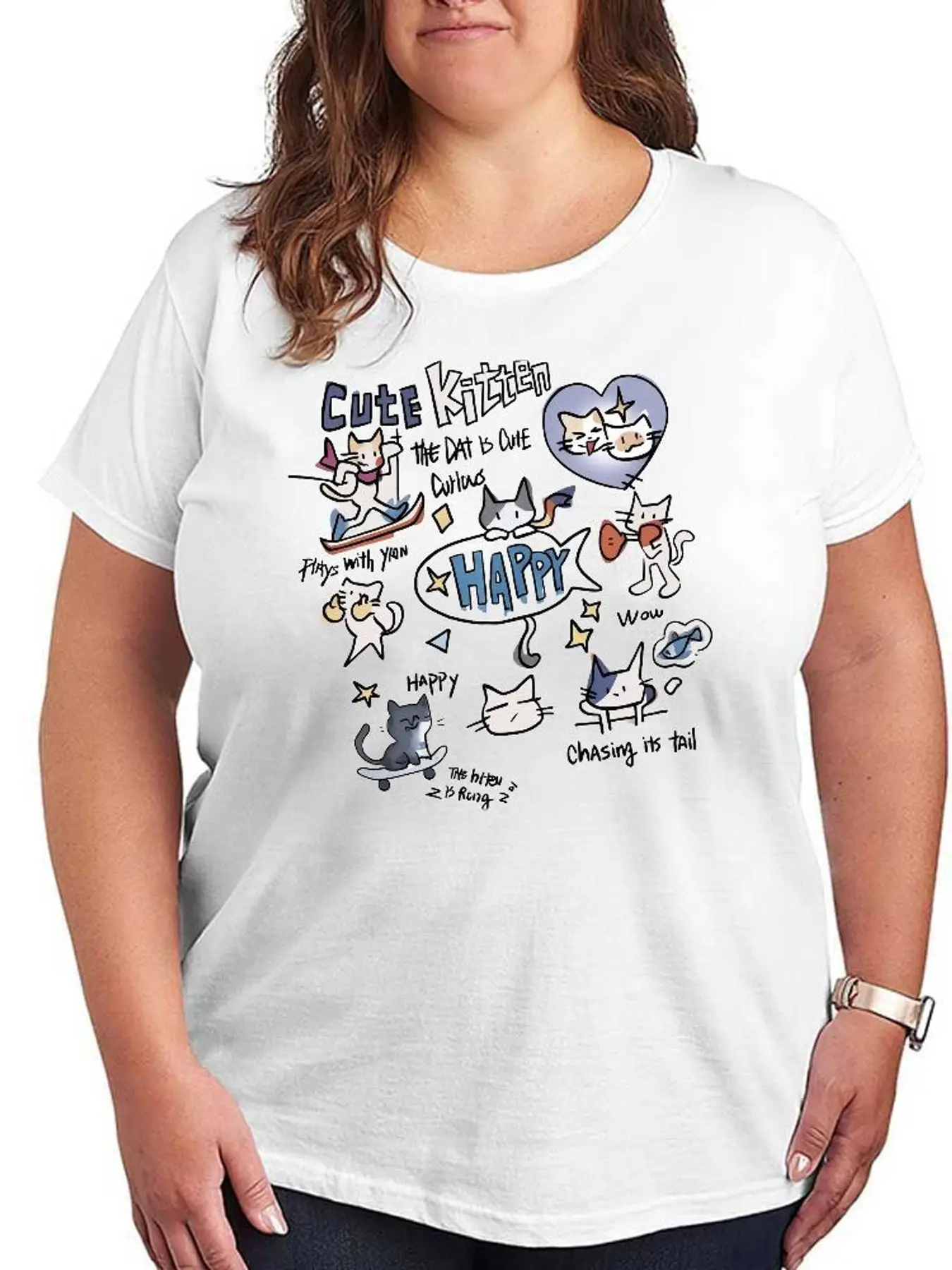 Cute Kitten Graphic T Shirt Women Fashion Stretchy Tops Plus Size Casual Short Sleeve Loose Cotton Soft Summer Tees Clothes