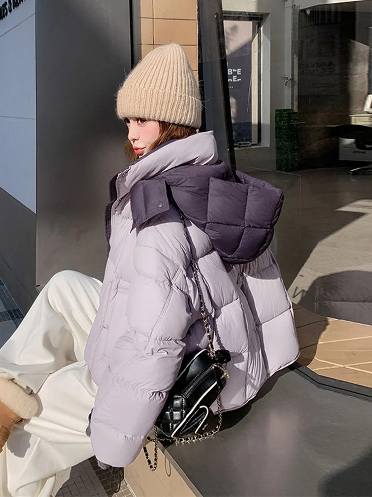 

Новая женская зимняя утепленная куртка-пуховик с капюшоном, 90% белый пух, фиолетовая, дизайн «хлебный пух», теплая верхняя одежда, коллекция 2025 года