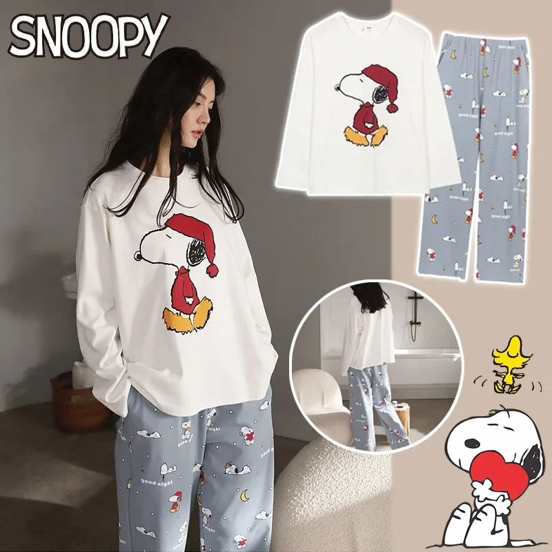 Snoopy Spring / Summer Long-sleeved Trousers Ladies Pajamas Suit Oversized Cartoon Long Sleepwear Women's Home Nightwear Clothes