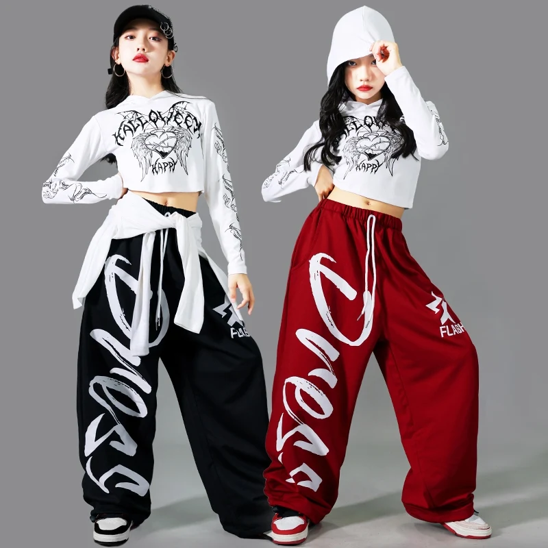 Children Jazz Dance Costume Kids Street Dance Clothing Girls Kpop Hip Hop Stage Outfit Black Red Pants White Hoodie Tops AMY1070