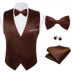 Silk Vest for Men Solid Plain Brown Coffee Color Wedding Waistcoat Bowtie Set Business Party Sleeveless Jacket Barry Wang