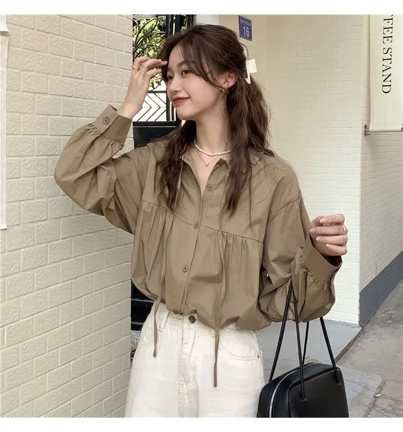 Coréen laçage à manches longues solide bouton Blouse simplicité tout-match mode chemise hauts printemps automne paresseux tendance femmes vêtements