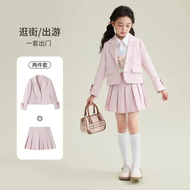 

Kawaii модный костюм для девочек, куртка, комплект с юбкой, студенческие весенне-осенние повседневные топы, плиссированная юбка, комплект из 2 предметов, детская одежда