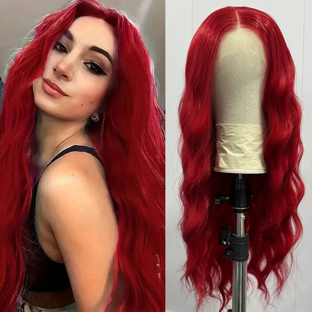 

Красный парик Свободный вьющийся парик Синтетические парики спереди для женщин Длинный парик с естественной волной Готов к ношению Парик для косплея Термостойкое волокно