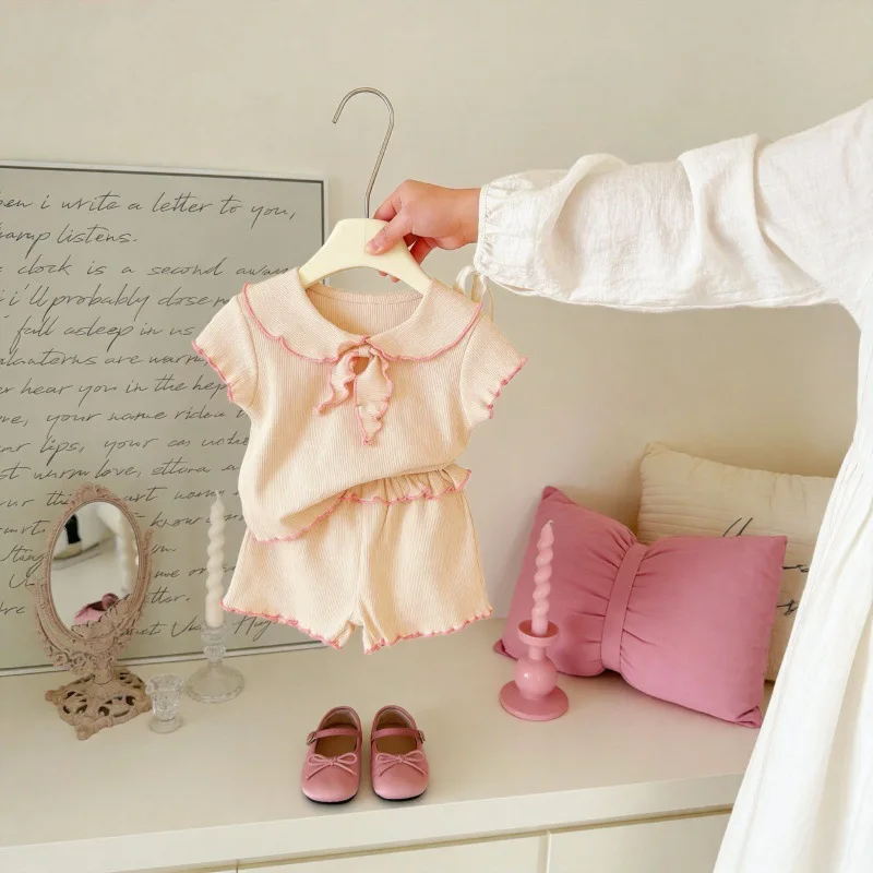 Girls' Set Baby Girl Bow Collar Elastic T-shirt Top Pants Stylish Comfortable Two-piece Set Toddler Baby Girl Outfit Set