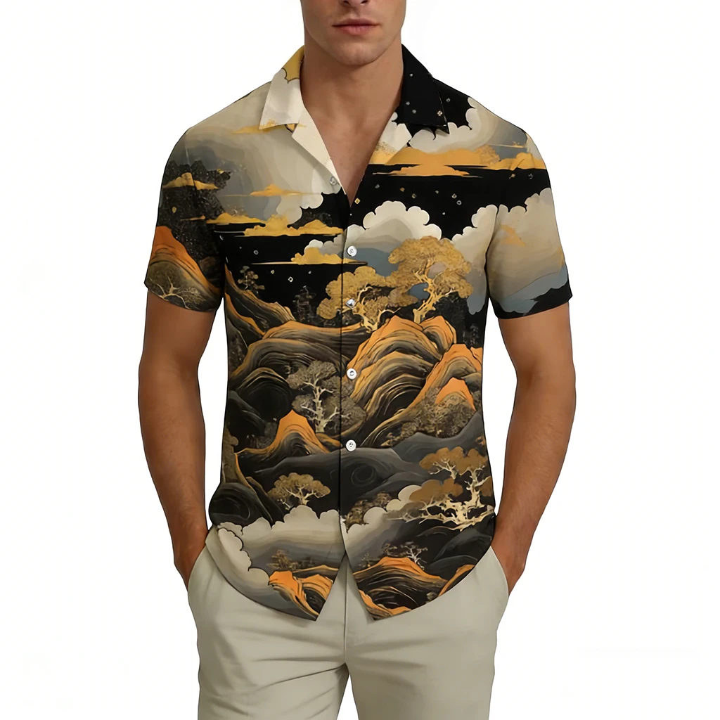 

Japanese Ukiyo-e Style Landscape Hawaiian Shirt Men's Vacation Casual Collared Short-Sleeved Shirt Lightweight Breathable Shirt