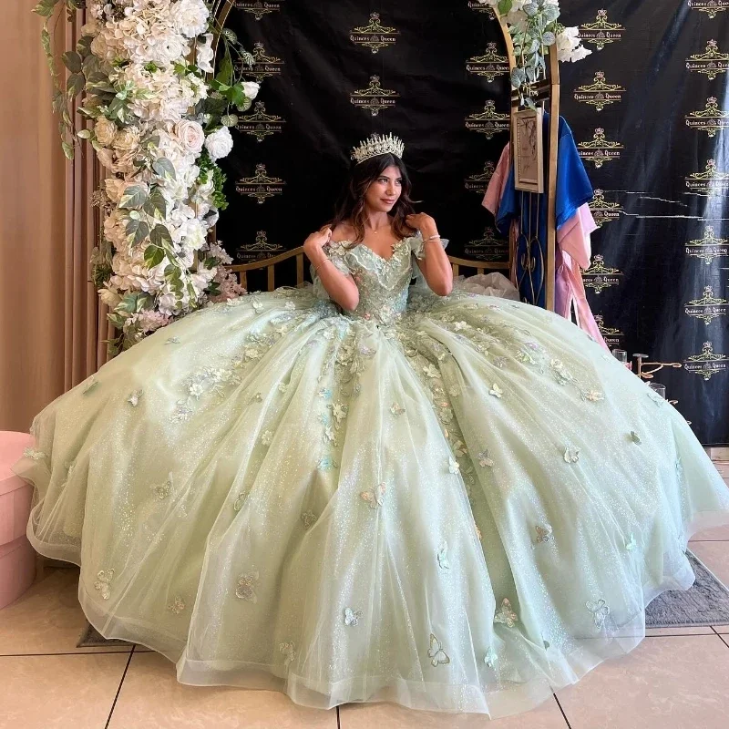 Luxe Saliegroen Uit De Schouder Quinceanera Jurken Mooie Applique Tule Verjaardagsfeestje Prom Vestidos De 15 Anos Baljurken