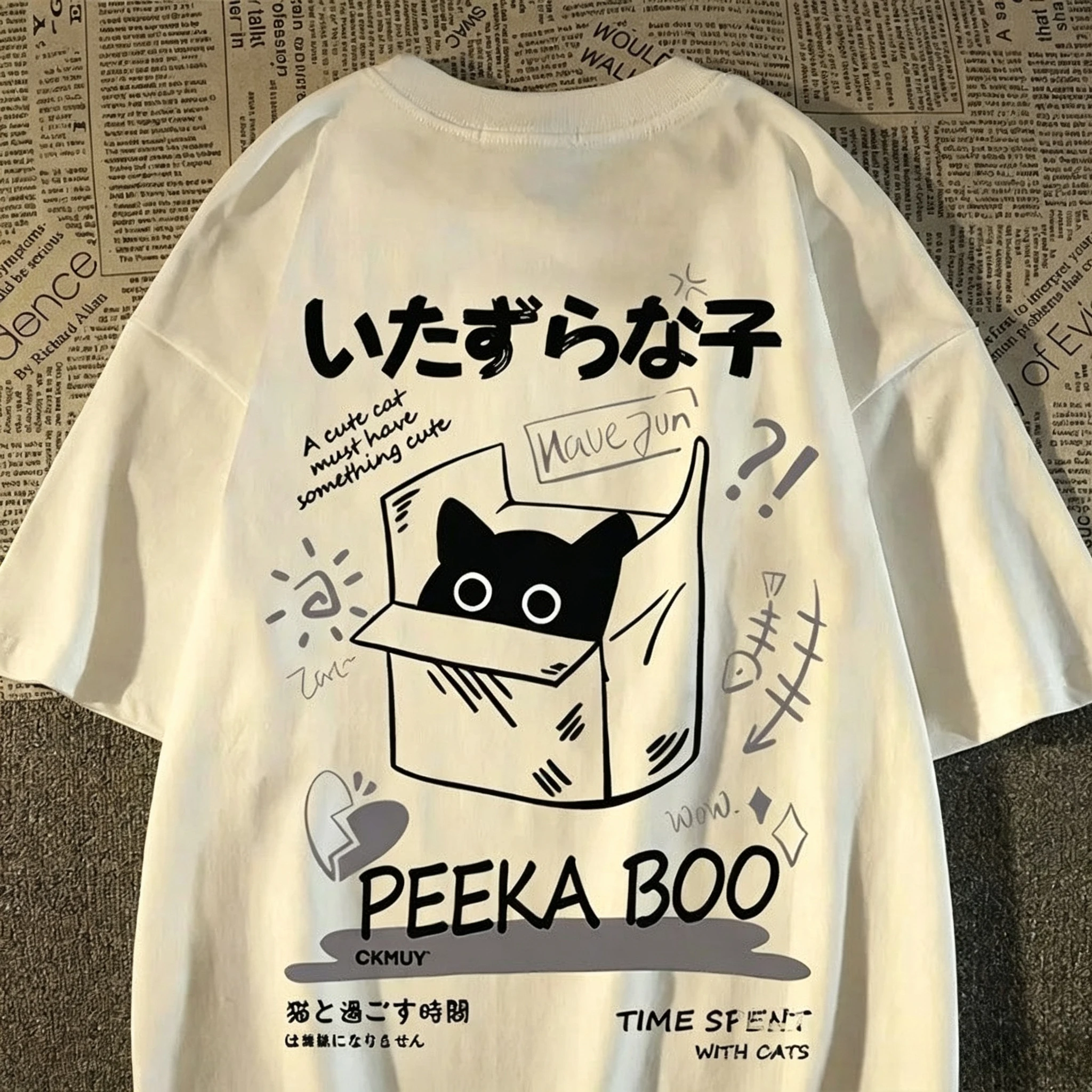 Harajuku Box Cat Back Graphic T-shirt Japanese Slogan Peeka Boo Cute Kitten Doodle Unisex Loose Cotton Oversized Basic Tee