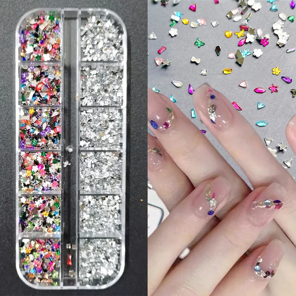 12 siatek mieszany kształt Flatback 3D Mini Nail Art dżetów złoty/srebrny/biały diamentowy klejnot do paznokci Charms błyszczące dekoracje do Manicure