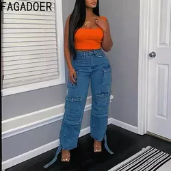 FAGADOER Blue Casual Pocket Denim Cargo Pants Women High Waisted Button Wide Leg Jeans Y2K Fashion Female Streetwear Clothing